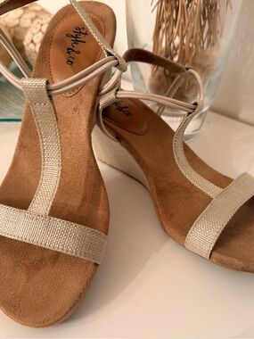 Style & Co. Champagne Metallic T-Strap Wedge Sandals
